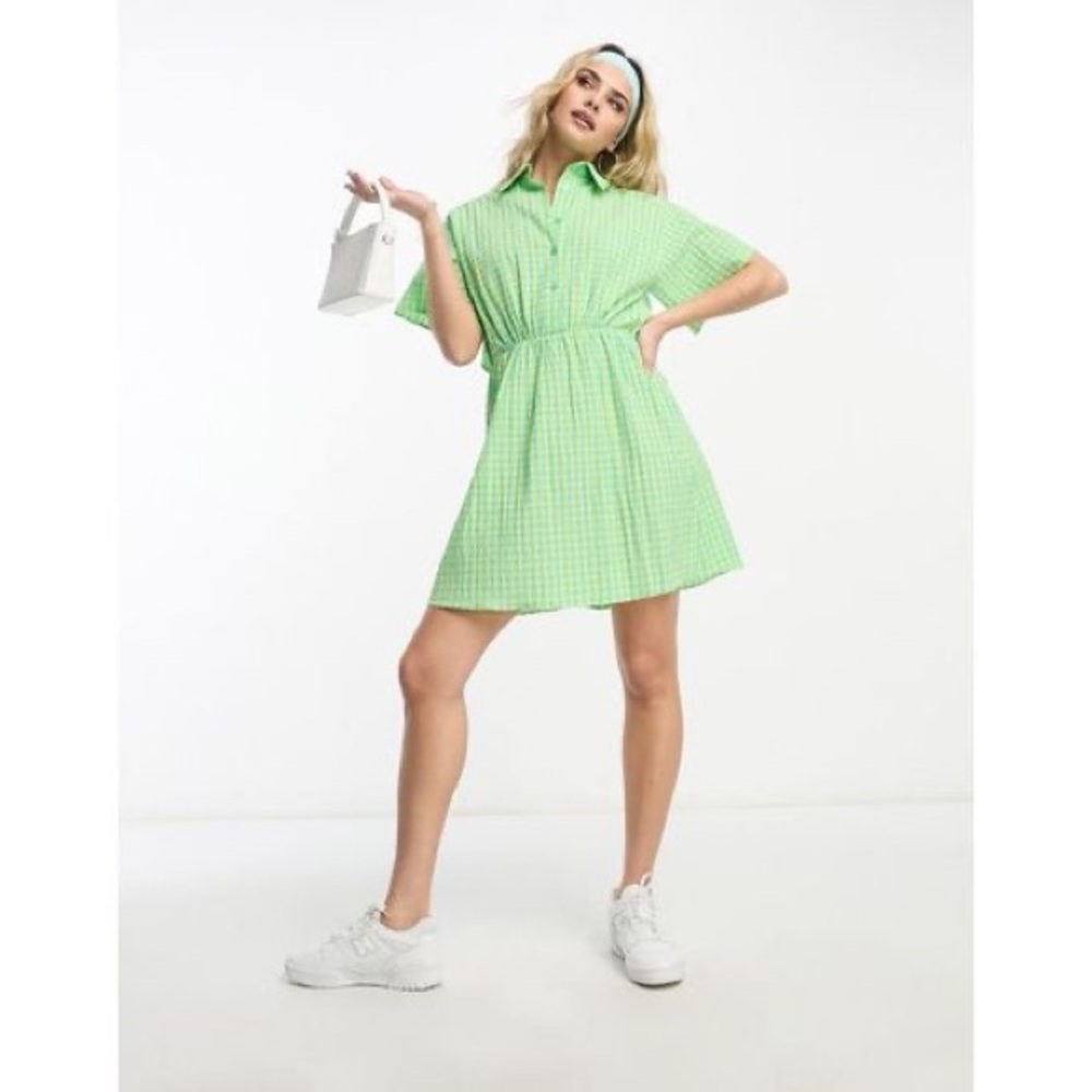 ASOS DESIGN Dress Size 2 Green Blue Gingham Check Short Sleeve Button Front Midi